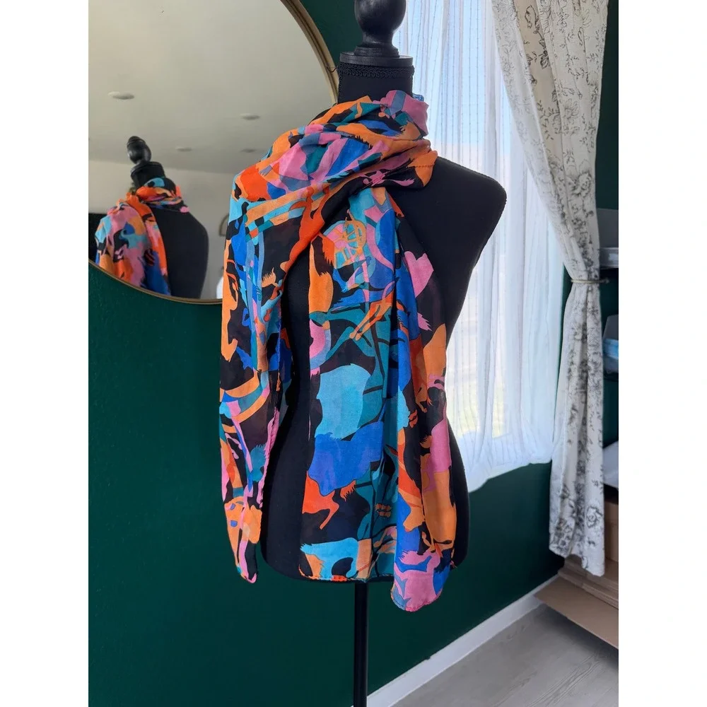 Vibrant Horse Print Scarf Equestrian Multi Color Sheer Lightweight Wrap
